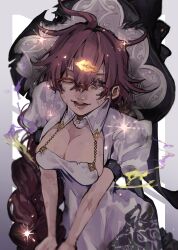 Rule 34 | 1girl, absurdres, ahoge, black headwear, blue eyes, braid, breasts, cleavage, detached collar, dirty, dirty clothes, dirty face, dorothy (sinoalice), dress, glasses, hair between eyes, highres, light particles, long hair, looking at viewer, medium breasts, messy hair, one eye closed, open mouth, puffy short sleeves, puffy sleeves, purple hair, s t e r n, short sleeves, simple background, single braid, sinoalice, skindentation, smile, solo, sparkle, upper body, very long hair, white dress