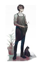 Rule 34 | 1boy, absurdres, amamiya ren, apron, black cat, black eyes, black hair, btmr game, cat, cleaning glasses, commentary, unworn eyewear, full body, green apron, highres, holding, holding removed eyewear, male focus, morgana (persona 5), pants, persona, persona 5, plaid, plaid pants, plant, potted plant, profile, school uniform, shirt, shuuchiin academy school uniform, signature, simple background, standing, symbol-only commentary, white shirt