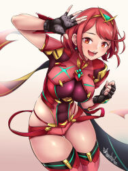 Rule 34 | 1girl, black gloves, blush, breasts, chest jewel, dangle earrings, earrings, fingerless gloves, gem, gloves, headpiece, highres, jewelry, large breasts, looking at viewer, open mouth, pyra (xenoblade), ravenhart, red eyes, red hair, red shorts, shiny skin, short hair, short shorts, shorts, skindentation, smile, solo, swept bangs, thighhighs, thighs, tiara, xenoblade chronicles (series), xenoblade chronicles 2