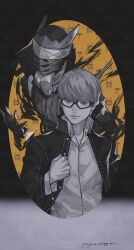 Rule 34 | 1boy, absurdres, black jacket, collared shirt, glasses, grey hair, greyscale with colored background, highres, izanagi (persona 4), jacket, male focus, narukami yuu, persona, persona 4, school uniform, shirt, short hair, smile, v8, yasogami school uniform