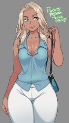 Rule 34 | 1girl, 2020, agawa ryou, artist name, bag, bare shoulders, blonde hair, blue eyes, breasts, cleavage, collarbone, commentary, dark-skinned female, dark skin, dated, female focus, grey background, handbag, looking to the side, mature female, medium breasts, original, pants, simple background, smile, solo, thick thighs, thigh gap, thighs, white pants, wide hips