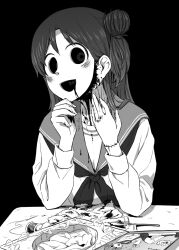 Rule 34 | 1girl, 4shi, black background, commentary request, dango-chan (4shi), desk, drooling, elbows on table, greyscale, hair bun, hand up, hands up, highres, holding, holding mask, knee up, liquid, long hair, long sleeves, looking at viewer, mask, monochrome, monster girl, necktie, needle, no humans, open mouth, original, package, pleated skirt, sailor collar, school uniform, shoes, skirt, spool, stitches, teeth, thread, thumbs up, tissue, translation request