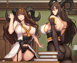 Rule 34 | 10s, 2girls, :q, ahoge, ass, ass grab, black gloves, black legwear, black panties, blue eyes, blush, book, book stack, breasts, brown hair, chinese zodiac, covered erect nipples, detached sleeves, door, double bun, evan yang, fingerless gloves, g-string, garter belt, garter straps, gloves, grabbing own ass, hairband, headgear, highres, horns, japanese clothes, kantai collection, kongou (kancolle), large breasts, long hair, multiple girls, nagato (kancolle), panties, pantyhose, parted lips, red eyes, see-through, see-through silhouette, sheep horns, sideboob, smile, thighhighs, thong, tongue, tongue out, underwear