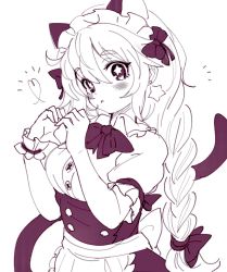 Rule 34 | :&lt;, animal ears, apron, blush, bow, braid, cat ears, cat girl, cat tail, closed mouth, doroame (ameyu), earrings, frilled apron, frills, grey background, hair bow, heart, heart hands, highres, jewelry, long hair, looking at viewer, maid, maid apron, maid headdress, monochrome, original, simple background, star-shaped pupils, star (symbol), star earrings, symbol-shaped pupils, tail