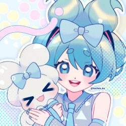 Rule 34 | &gt; &lt;, 1girl, 8ko, animal, aqua eyes, aqua hair, bare shoulders, blue background, blue bow, blue nails, blue necktie, bow, cinnamiku, cinnamoroll, collared shirt, commentary, detached sleeves, dog, english commentary, eyelashes, grey shirt, grey sleeves, hair bow, hair ornament, hatsune miku, highres, holding, holding animal, lace-trimmed collar, lace trim, light blush, long hair, long sleeves, looking at viewer, nail polish, necktie, open mouth, outline, polka dot, polka dot background, sanrio, shirt, simple background, sleeveless, sleeveless shirt, smile, teeth, twitter username, updo, upper body, upper teeth only, vocaloid, white outline