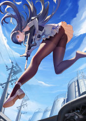 Rule 34 | 1girl, ass, assault rifle, black hair, black pantyhose, blue sky, breasts, bullpup, cape, closed mouth, cloud, day, expressionless, floating hair, flower, from below, girls&#039; frontline, gloves, gun, hair flower, hair ornament, hairband, highres, holding, holding gun, holding weapon, jiaotache, jumping, large breasts, long hair, looking at viewer, name connection, object namesake, outdoors, pantyhose, qbz-95, revision, rifle, scenery, shirt, shoes, sidelocks, single shoe, skirt, sky, solo, type 95 (girls&#039; frontline), very long hair, weapon, white footwear, white gloves, white hairband, white shirt, white skirt, yellow eyes