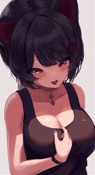 Rule 34 | 1girl, absurdres, ami no fuda, animal ears, bell, black hair, black tank top, blue nails, blush, bracelet, breasts, choker, cleavage, collarbone, commentary request, dog ears, fang, flower, from above, hair flower, hair ornament, hand on own chest, heterochromia, highres, inui toko, jewelry, large breasts, nail polish, neck bell, nijisanji, open mouth, red eyes, simple background, skin fang, solo, sweat, tank top, tongue, tongue out, upper body, virtual youtuber, white background, yellow eyes