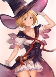 Rule 34 | 1girl, aqua (popogori), black hat, blonde hair, blue capelet, blush, breasts, brown eyes, capelet, cleavage, closed mouth, collarbone, cowboy shot, djeeta (granblue fantasy), gloves, granblue fantasy, hair between eyes, hat, looking at viewer, medium breasts, miniskirt, neckerchief, pleated skirt, red neckerchief, shirt, short hair, short sleeves, skirt, smile, solo, standing, white gloves, white shirt, white skirt, witch hat