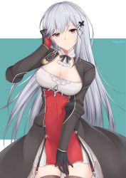 Rule 34 | 1girl, azur lane, black gloves, breasts, butterfly hair ornament, cleavage, commentary request, dunkerque (azur lane), gloves, grey hair, hair ornament, highres, long hair, long sleeves, medium breasts, red eyes, red gloves, rei (09991), two-tone gloves, very long hair