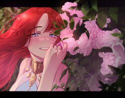 Rule 34 | 1girl, blue eyes, blush, chydila, floating hair, flower, genshin impact, halter shirt, halterneck, highres, letterboxed, long hair, looking at viewer, nilou (genshin impact), parted lips, pink flower, portrait, red hair, shirt, smile, solo, white shirt