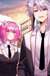 Rule 34 | 1boy, 1girl, black hair, black jacket, blush, fucked the world tree, jacket, jeong siwoo, jin dalrae, looking at another, looking at viewer, multicolored hair, open mouth, pink eyes, pink hair, purple eyes, school uniform, smile, tongue, two-tone hair, white hair