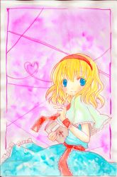 Rule 34 | 1girl, alice margatroid, bad id, bad pixiv id, blonde hair, blue eyes, book, emo (artist), emo (mikan), female focus, hairband, short hair, solo, standing, touhou, traditional media