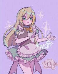 Rule 34 | 1girl, alina gray, alternate costume, apron, blonde hair, blunt ends, blush, bow, chibi, chibi inset, collared dress, dress, enmaided, frilled dress, frills, gloves, green dress, green eyes, green hair, hair between eyes, highres, holding, holding menu, long hair, looking at viewer, magia record: mahou shoujo madoka magica gaiden, mahou shoujo madoka magica, maid, menu, misono karin, multicolored hair, open mouth, puffy short sleeves, puffy sleeves, purple background, short sleeves, sidelocks, solo, sparkle, standing, straight hair, streaked hair, takenoko mgrc, very long hair, white apron, white gloves, yellow bow