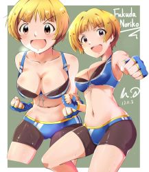Rule 34 | &gt;:d, 1girl, :d, artist name, bad id, bad pixiv id, blonde hair, breasts, breath, brown eyes, cleavage, clenched teeth, dated, fingerless gloves, fukuda noriko, gloves, idolmaster, idolmaster million live!, kyouki no d-kun, large breasts, looking at viewer, navel, open mouth, short hair, shorts, smile, sports bra, sweat, teeth, v-shaped eyebrows