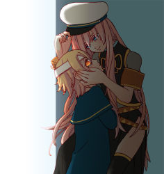 Rule 34 | 1boy, 1girl, age difference, bad id, bad pixiv id, bandages, blonde hair, blue eyes, hat, long hair, megurine luka, miza-sore, oliver (vocaloid), pink hair, sailor hat, skirt, smile, thighhighs, vocaloid, yellow eyes