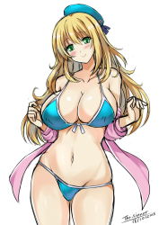 Rule 34 | 10s, 1girl, atago (kancolle), beret, bikini, blonde hair, breasts, female focus, green eyes, hat, highres, jacket, kantai collection, large breasts, long hair, solo, standing, swimsuit, the-sinner