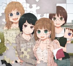 Rule 34 | 4girls, :d, black hair, blonde hair, blue eyes, brown eyes, brown hair, commentary, glasses, green eyes, hood, hoodie, jigsaw puzzle, multiple girls, open mouth, original, puzzle, red hair, short hair, smile, twintails, yajirushi (chanoma)