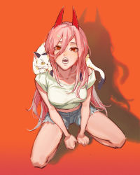 Rule 34 | + +, 1girl, breasts, cat, chainsaw man, cross-shaped pupils, demon girl, demon horns, feng qian dangyang, full body, hair between eyes, highres, horns, long hair, looking at viewer, medium breasts, meowy (chainsaw man), open mouth, pink hair, power (chainsaw man), red background, red eyes, red horns, sharp teeth, shirt, shorts, simple background, solo, squatting, symbol-shaped pupils, teeth, yellow shirt