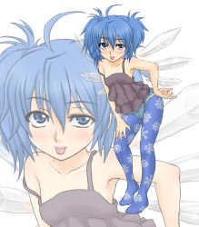 Rule 34 | 1girl, :p, ahoge, alternate costume, alternate hairstyle, blue eyes, blue hair, blue pantyhose, camisole, cirno, denim, feet, female focus, hand on own hip, hand on own thigh, highres, kuro suto sukii, legs, matching hair/eyes, pantyhose, pantyhose under shorts, patterned legwear, print pantyhose, short hair, short shorts, shorts, snowflake print, snowflakes, solo, standing, strap slip, tongue, tongue out, touhou, wings, zoom layer