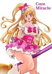 Rule 34 | 1girl, :o, aged up, alternate breast size, asahina mirai, blonde hair, bow, broom, collarbone, cowboy shot, cure miracle, earrings, gloves, hair bow, hairband, half updo, hat, highres, jewelry, long hair, magical girl, mahou girls precure!, mini hat, mini witch hat, pink bow, pink hat, pink skirt, ponytail, precure, puffy sleeves, pukara, purple eyes, shiny skin, skirt, solo, white background, white gloves, witch hat