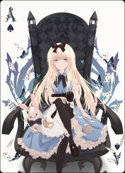 Rule 34 | 1girl, alice (alice in wonderland), alice in wonderland, bad id, bad pixiv id, black thighhighs, blonde hair, blue eyes, bug, butterfly, card, chair, crossed legs, dress, eyebrows hidden by hair, hair ribbon, highres, insect, looking at viewer, merry hearm, playing card, poker, ribbon, sitting, solo, thighhighs