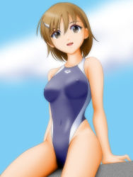 Rule 34 | 1girl, :d, arena (company), blue one-piece swimsuit, breasts, brown eyes, brown hair, cloud, competition swimsuit, covered erect nipples, covered navel, day, female focus, grey eyes, hair ornament, hairclip, highleg, highleg swimsuit, highres, medium breasts, misaka mikoto, one-piece swimsuit, open mouth, outdoors, samejima minoru, school swimsuit, short hair, sitting, skin tight, sky, smile, solo, swimsuit, toaru kagaku no railgun, toaru majutsu no index, tokiwadai school swimsuit