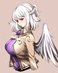 Rule 34 | 1girl, angel wings, beige jacket, braid, breasts, brooch, commentary request, cropped torso, dress, french braid, from side, highres, jewelry, kishin sagume, large breasts, looking at viewer, parted lips, purple dress, raptor7, red eyes, short hair, silver hair, simple background, single wing, solo, touhou, upper body, white neckwear, wings