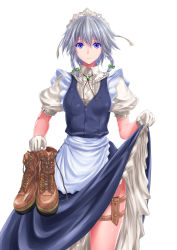 Rule 34 | 1girl, apron, blue dress, blue eyes, boots, bow, braid, breasts, brooch, brown footwear, clothes lift, colored eyelashes, commentary request, cowboy shot, cross-laced footwear, dress, dress lift, ear piercing, frilled apron, frills, gloves, green bow, hair between eyes, hair bow, highres, holding, holding boots, holding clothes, holding footwear, holster, izayoi sakuya, jewelry, lace-up boots, lifting own clothes, looking at viewer, maho (yakimorokoshi), maid, maid apron, maid headdress, medium breasts, petticoat, piercing, pink lips, puffy short sleeves, puffy sleeves, short hair, short sleeves, silver hair, simple background, solo, standing, thigh holster, thighs, touhou, twin braids, unworn boots, white apron, white background, white gloves, wing collar