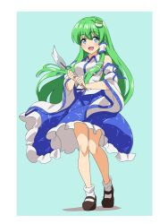 Rule 34 | 1girl, bare shoulders, blue eyes, blue ribbon, blue skirt, blush, border, breasts, brown footwear, collared vest, commentary request, frilled skirt, frills, frog hair ornament, full body, gohei, green hair, gyouza (mhea5724), hair ornament, hair tubes, happy, highres, kochiya sanae, light blue background, long hair, long sleeves, mary janes, medium breasts, oonusa, open mouth, ribbon, shoes, simple background, skirt, snake hair ornament, socks, standing, touhou, two-tone background, very long hair, vest, white border, white socks, white vest, wide sleeves