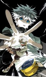 Rule 34 | 1boy, absurdres, angry, bandages, black background, black undershirt, blue eyes, cowboy shot, expressionless, frown, full body, glowing, glowing eyes, highres, hunter x hunter, jewelry, killua zoldyck, lightning, looking at viewer, looking down, open hand, open mouth, pale skin, ring, shirt, short hair, shorts, simple background, solo, standing, star (symbol), t-shirt, teeth, white hair, white shirt, xi luo an ya, yo-yo