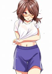 Rule 34 | 1girl, ;o, alternate costume, amisu, blue shorts, blush, breasts, brown eyes, brown hair, commentary request, dripping, eyelashes, large breasts, low twintails, navel, one eye closed, open mouth, rimless eyewear, shirt, short hair, short sleeves, shorts, simple background, solo, squeezing, standing, stomach, touhou, twintails, upper body, usami sumireko, water, wet, wet clothes, wet shirt, white background, white shirt