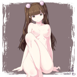 Rule 34 | 1girl, arm support, breasts, brown eyes, brown hair, feihong, hair ornament, legs, long hair, nipples, nude, original, sitting, small breasts, smile, solo, twintails