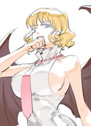 Rule 34 | 1girl, blonde hair, blood, blue eyes, breasts, collar, frilled collar, frills, from below, large breasts, looking at viewer, necktie, one piece, pink necktie, raine (acke2445), shirt, short hair, simple background, sleeveless, sleeveless shirt, solo, stussy (one piece), upper body, wavy hair, white background, white shirt, wings