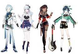 Rule 34 | 2boys, 2girls, alternate costume, alternate hairstyle, ayaka (genshin impact), bandaged arm, bandages, bandaid, bandaid on knee, bandaid on leg, bare shoulders, belt, belt buckle, belt pouch, black bow, black choker, black footwear, black gloves, black hair, black nails, blue eyes, blue eyeshadow, blue footwear, blue hair, blunt bangs, boots, bow, braid, buckle, chain, charm (object), chinese clothes, choker, chongyun (genshin impact), closed mouth, clothing cutout, collarbone, contrapposto, covered navel, dark-skinned female, dark skin, dragon print, earrings, eyeshadow, fingerless gloves, fingernails, fishnets, genshin impact, gloves, gradient clothes, green eyes, grey background, guitar, hair between eyes, hair bow, hair ornament, hair slicked back, hat, heart, heart cutout, high heel boots, high heels, highres, holding, hood, hood down, hooded jacket, instrument, jacket, jewelry, light blue hair, long hair, makeup, mizuyo, multicolored hair, multiple boys, multiple girls, nail polish, o-ring, off shoulder, open mouth, parted lips, pink bow, pouch, red hair, ribbon, see-through, shoes, shoulder cutout, simple background, single earring, sketch, sleeves past wrists, smile, sneakers, snowflake print, socks, spikes, standing, tassel, tassel earrings, thigh strap, toeless footwear, venti (genshin impact), vision (genshin impact), white headwear, white socks, x hair ornament, xinyan (genshin impact)