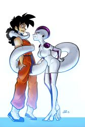 Rule 34 | 1boy, 1girl, absurdres, alien, ankle boots, bald, black hair, boots, bound, breasts, colored skin, commentary, crop top, dated, dougi, dragon ball, dragonball z, elbow gloves, english commentary, frieza, from side, genderswap, genderswap (mtf), gloves, highres, ian samson, long hair, long tail, looking at another, medium breasts, multicolored skin, prehensile tail, purple skin, red eyes, skin tight, smile, tail, thighhighs, tiptoes, two-tone skin, white skin, yamcha, you gonna get raped