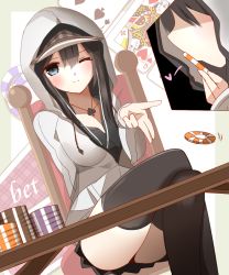 Rule 34 | 1girl, ;), black shirt, black skirt, black thighhighs, blowing kiss, blush, breasts, brown hair, card, chair, closed mouth, collarbone, commentary request, crossed legs, dutch angle, faceless, faceless female, grey jacket, hair between eyes, heart, highres, hood, hood up, hooded jacket, jacket, kiss, long hair, medium breasts, non (wednesday-classic), one eye closed, original, playing card, pleated skirt, poker, poker chip, queen (playing card), queen of hearts (playing card), shirt, sitting, skirt, smile, spade (shape), table, thighhighs, thighs