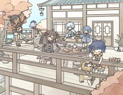 Rule 34 | 2boys, 4girls, aged down, animal, black hair, blue eyes, blue hair, bonsai, brown hair, child, chinese clothes, chongyun (genshin impact), closed eyes, dark-skinned female, dark skin, day, feeding, food, genshin impact, guoba (genshin impact), hair ornament, hair rings, hairclip, hat, highres, hu tao (genshin impact), instrument, light blue hair, long hair, long sleeves, multicolored hair, multiple boys, multiple girls, music, ofuda, one eye closed, open mouth, outdoors, plant, playing instrument, potted plant, purple hair, qiqi (genshin impact), red eyes, red hair, shionosuke, short hair, sidelocks, sitting, standing, stool, streaked hair, table, tree, twintails, xiangling (genshin impact), xingqiu (genshin impact), xinyan (genshin impact), yellow eyes