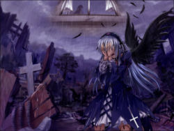 Rule 34 | 00s, 1girl, black wings, cross, doll joints, feathers, gothic lolita, hands on own face, highres, joints, lolita fashion, long hair, mutsuki (moonknives), rain, rozen maiden, silver hair, suigintou, tears, wings