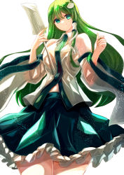 Rule 34 | 1girl, bad id, bad twitter id, bare shoulders, blue eyes, blue skirt, breasts, closed mouth, collared shirt, detached sleeves, fingernails, frills, frog hair ornament, gohei, green hair, hair between eyes, hair ornament, hair tubes, hands up, highres, jan (lightdragoon), kochiya sanae, long fingernails, long hair, long sleeves, looking to the side, medium breasts, shirt, simple background, skirt, smile, snake hair ornament, solo, standing, touhou, white background, white shirt, wide sleeves