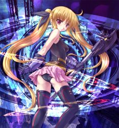 Rule 34 | 10s, 1girl, ass, bardiche (bullova form) (nanoha), bardiche (nanoha), bare shoulders, belt, black gloves, black thighhighs, blonde hair, breasts, covered erect nipples, fate testarossa, fate testarossa (lightning form) (2nd), from behind, gauntlets, gloves, hair ribbon, leotard, long hair, looking at viewer, looking back, lyrical nanoha, mahou shoujo lyrical nanoha, mahou shoujo lyrical nanoha the movie 1st, miniskirt, panties, pantyshot, pink eyes, ribbon, skirt, small breasts, solo, thighhighs, twintails, underwear, very long hair, wakou tensui, zettai ryouiki