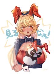 Rule 34 | 1girl, ahoge, animal ears, blonde hair, blue neckwear, blush, bow, bowtie, breast hold, breasts, crossed arms, dark-skinned female, dark skin, ear blush, elf, embarrassed, fake animal ears, familiar, hair between eyes, highres, hololive, kintsuba (shiranui flare), large breasts, leotard, long hair, looking at viewer, naname (7name), open mouth, panda, playboy bunny, pointy ears, ponytail, rabbit ears, red eyes, shiranui flare, shrug (clothing), simple background, sparkle, translated, upper body, virtual youtuber, white background, wrist cuffs