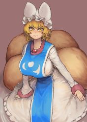 Rule 34 | 1girl, animal ears, animal hat, arm support, blonde hair, breasts, brooch, chanta (ayatakaoisii), closed mouth, fox ears, hat, huge breasts, jewelry, long skirt, long sleeves, looking at viewer, mob cap, multiple tails, pink background, shirt, short hair, simple background, sitting, skirt, slit pupils, smile, solo, tabard, tail, touhou, white hat, white shirt, white skirt, wide sleeves, yakumo ran, yellow eyes