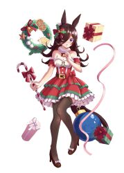 Rule 34 | 1girl, animal ears, bare shoulders, bell, belt, black belt, black footwear, black hair, black thighhighs, bow, candy, candy cane, cane, christmas, christmas ornaments, dress, food, footwear bow, frilled dress, frills, full body, fur collar, gift, hair bow, hair ornament, hair over one eye, high heels, highres, holding, holding cane, holly hair ornament, horse ears, horse girl, layered dress, light frown, long hair, looking at viewer, natsuki (digretking), neck bell, off-shoulder dress, off shoulder, open mouth, purple eyes, red bow, rice shower (umamusume), short dress, simple background, solo, star ornament, thighhighs, umamusume, white background, wreath