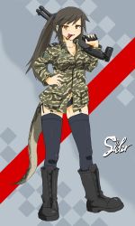 Rule 34 | 1girl, ammunition, bad id, bad pixiv id, benelli m4 super 90, black hair, boots, camouflage, character name, commentary, dakku (ogitsune), full body, gun, jacket, left-handed, long hair, military, military jacket, military uniform, mouth hold, original, ponytail, red eyes, shotgun, shotgun shell, solo, standing, strike witches, strike witches 1991, tail, thighhighs, uniform, weapon, world witches series, zettai ryouiki