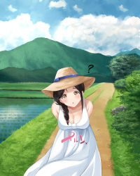 Rule 34 | 1girl, :o, ?, arms behind back, bare arms, bare shoulders, black hair, blush, braid, breasts, cleavage, cloud, day, dress, facing viewer, female focus, grass, hat, head tilt, highres, irohakaede, large breasts, leaning forward, long hair, looking at viewer, mole, mole under mouth, mountain, original, outdoors, parted lips, rock, single braid, sky, solo, sound effects, standing, straw hat, tree, water, white dress, wind, yellow eyes