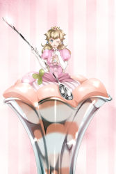 Rule 34 | 1girl, blonde hair, blue eyes, blush, breasts, crown, dress, earrings, elbow gloves, female focus, full body, gloves, highres, jewelry, large breasts, long hair, mario (series), nintendo, one eye closed, oversized object, pink dress, princess peach, smile, solo, spoon, striped, striped background, wasabi (legemd), white gloves
