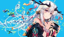 Rule 34 | 1girl, bare shoulders, bikini, black jacket, blue background, blush, center frills, closed mouth, commentary request, controller, crescent, facial mark, frills, game controller, hair between eyes, head tilt, heart, hirai yuzuki, holding, horns, jacket, long hair, looking at viewer, multicolored hair, off shoulder, original, pink scrunchie, pixelated, purple eyes, red bikini, red hair, scrunchie, signature, silver hair, simple background, smile, solo, star (symbol), streaked hair, swimsuit, very long hair, water, wind chime, wrist scrunchie