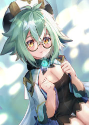 Rule 34 | 1girl, anemo (genshin impact), animal ears, beret, blush, bobo (6630978), breasts, cat ears, cat girl, cleavage, dress, genshin impact, glasses, gold trim, green hair, hat, highres, looking at viewer, medium breasts, multicolored hair, open mouth, ponytail, semi-rimless eyewear, solo, sucrose (genshin impact), thighs, undressing, vision (genshin impact), yellow eyes