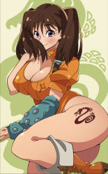 Rule 34 | 10s, 1girl, ass, blush, boots, breasts, brown hair, cleavage, cleavage cutout, clothing cutout, curvy, diane (nanatsu no taizai), female focus, highres, large breasts, long hair, looking at viewer, lying, nanatsu no taizai, nisego, on side, purple eyes, smile, solo, tattoo, thick thighs, thighs, twintails, wide hips