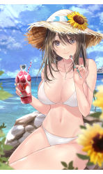 Rule 34 | 1girl, bad id, bad pixiv id, bikini, breasts, brown hair, cleavage, collarbone, drinking straw, earrings, emblem, flower, food, fruit, girls und panzer, grey eyes, halterneck, hat, highres, jewelry, keizoku (emblem), large breasts, long hair, looking at viewer, mexif, mika (girls und panzer), navel, necklace, ocean, parfait, revision, rock, sitting, smile, straw hat, strawberry, sun hat, sunflower, swimsuit, white bikini
